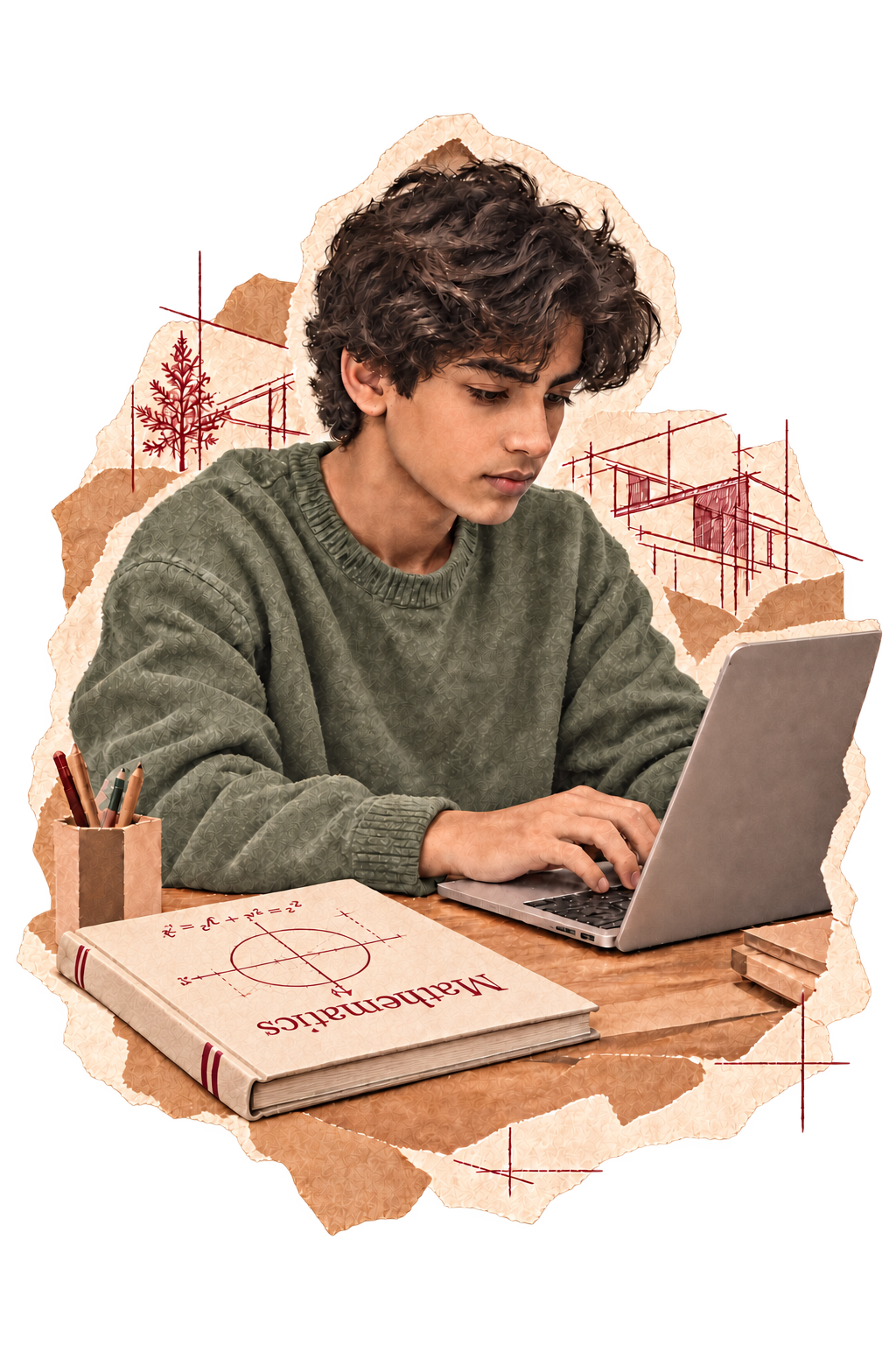 Student studying at a laptop with a mathematics textbook