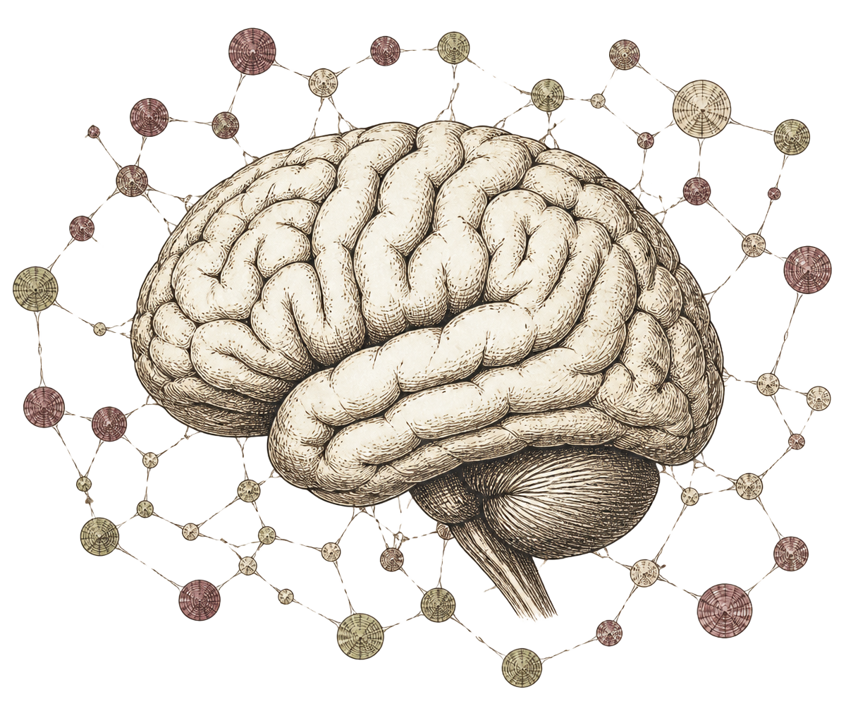 Pen-and-ink illustration of a human brain surrounded by a network of connected nodes