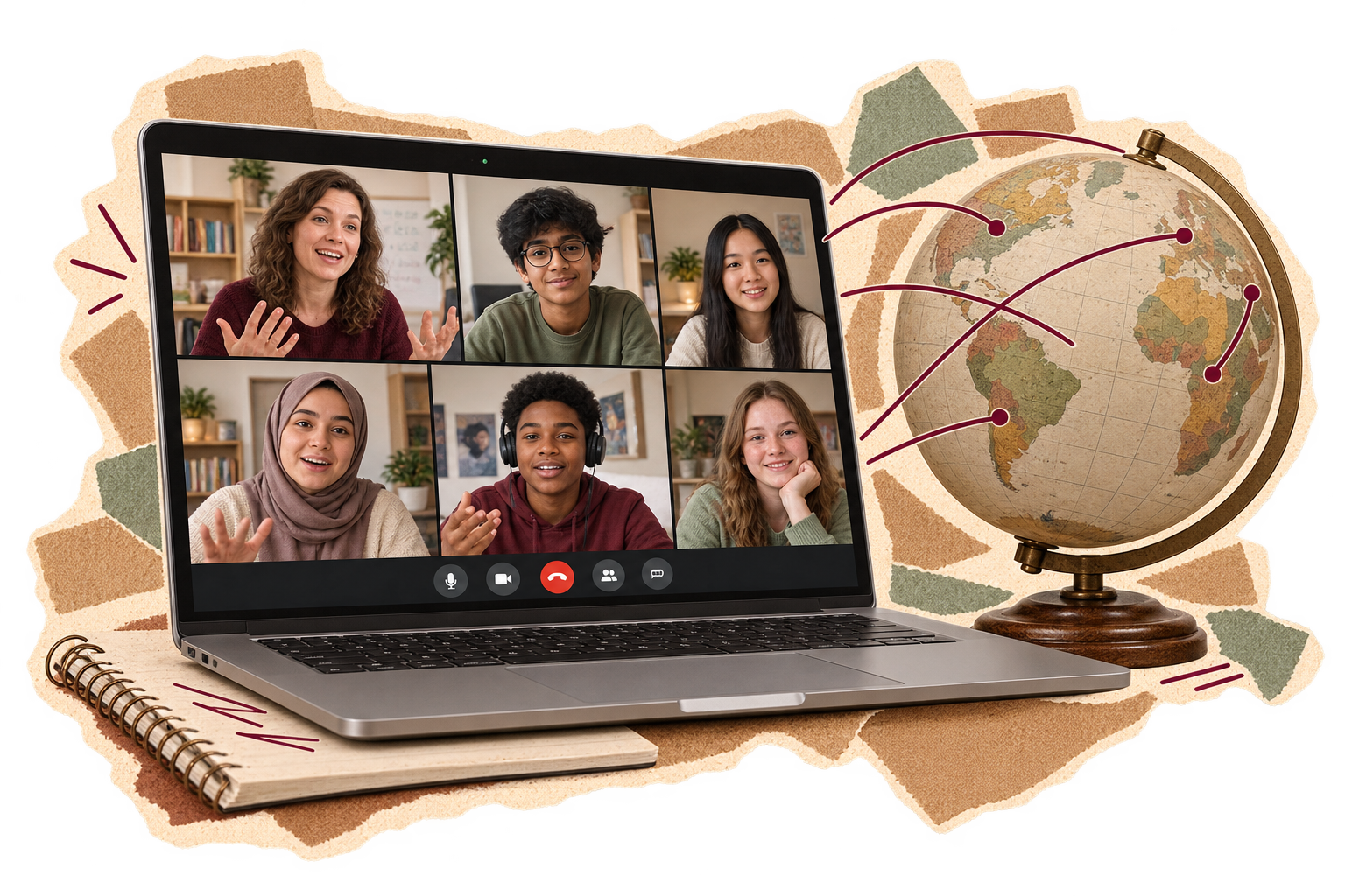 Laptop video call connected to a globe, representing Mosaic's Global Virtual cohort
