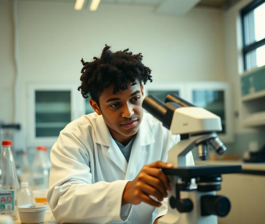 High school student in a lab coat using a microscope in a research laboratory